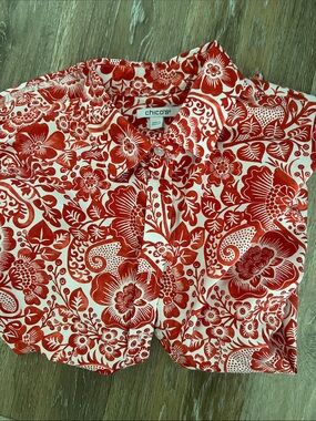 Chico's White and Red Floral Print Button-Down Top